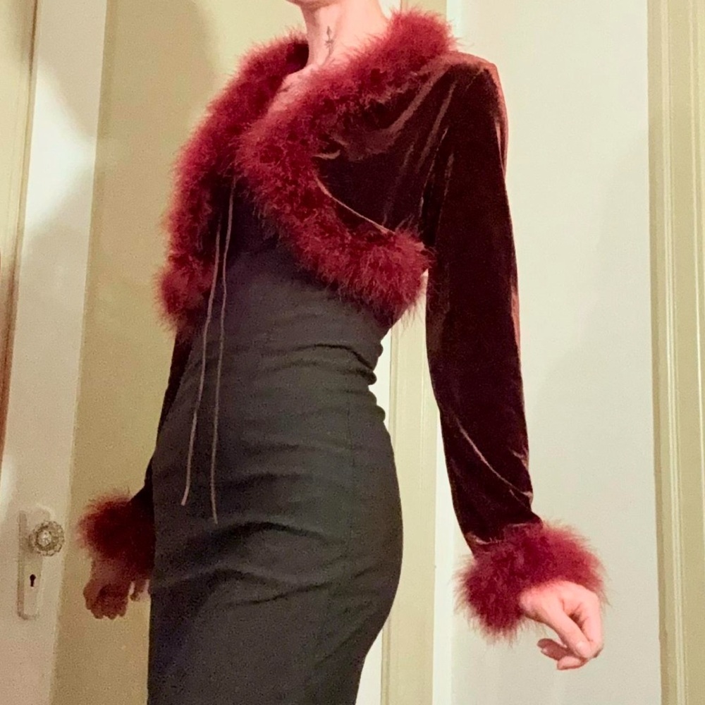 SOLD Elegant Burgundy Velvet Bolero with Feather Trim